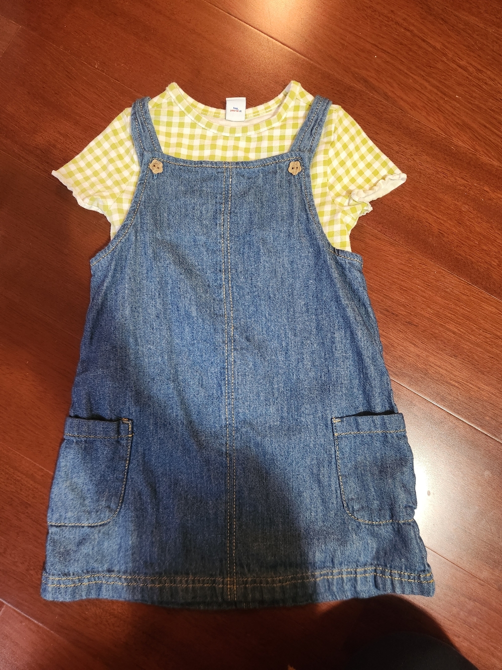 Old Navy Blue Denim Pinafore with Yellow Gingham Tee